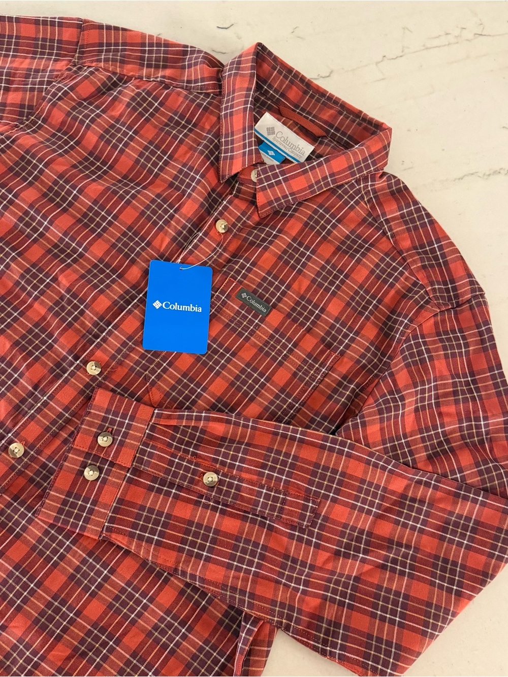 Columbia L Vapor Ridge III Long Sleeve Button Down Shirt Rust Plaid Stretch NWT